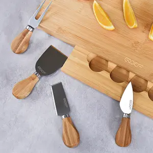 New Design Natural 5 Pcs Charcuterie Board Bamboo Cheese Cutting Board Stainless Steel Cheese Board Knife Set