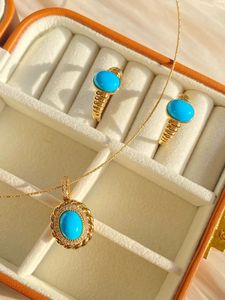 Xinfly Retro 18K Real Gold <b>Turquoise</b> <b>Ring</b> Fine Jewelry for Wedding Engagement Anniversary Party Au750 Calaite - Product Image 3