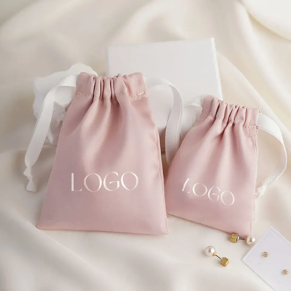Bolsa de joyas Rosa impresa con logotipo personalizado Bolsas de seda con cordón de satén
