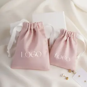 Biểu Tượng Tùy Chỉnh In Màu Hồng Đồ Trang Sức Pouch Bao Bì Satin Dây Kéo Túi Lụa