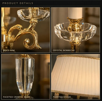 Lampe de table candélabre en cristal plaqué or avec bouton-poussoir E14 220V, abat-jour en tissu, lumière chaude pour buffet, cheminée, commode, vitrine