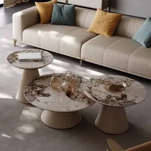 Mobili da soggiorno di alta qualità Set di tavolini da caffè in acciaio inossidabile con piano in vetro di marmo rotondo di lusso