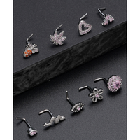 Anneau de nez en acier inoxydable avec pierre CZ rose en forme de cœur, abeille ou feuille pour femmes, bijoux de piercing de nez tendance