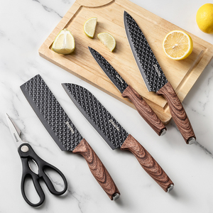 Ensemble de couteaux de cuisine professionnels 6 pièces avec lames noires texturées Poignées en grain de bois et bloc de couteaux <span class=keywords><strong>couteau</strong></span> de cuisine - Product Image 3