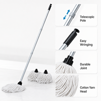 Serpillère en coton avec manche télescopique en aluminium, 2 têtes de rechange supplémentaires, serpillère absorbante pour le nettoyage des sols