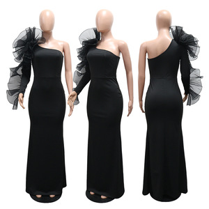 ชุดราตรีเดรสยาวแบบไหล่เดียวประดับระบายแขนเสื้อ ดีไซน์หรูหราสำหรับผู้หญิง - Product Image 3