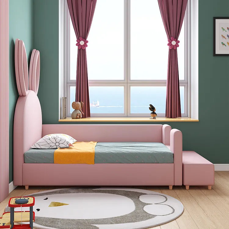 Modern fashion unique design cute pink grey leather fabric rabbit head of a bed kid baby bedding set luxury
