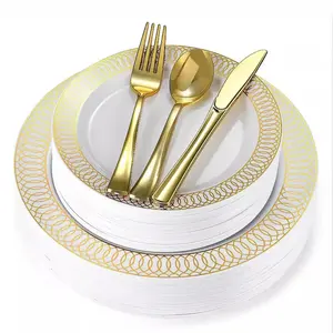 Tableware Sets Plates With Golden Rim Pattern Cutlery Heavy Duty <b>Utensils</b> Plastic Disposable Dinnerware for Party Wedding - Product Image 5