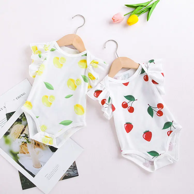 Newborn Baby Clothes Baby Girl Clothing Cotton Cute Printed Lemon Cherry Flying Sleeve Romper Bodysuit Baby