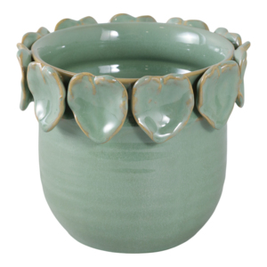 Vaso in Ceramica Rotondo con Bordo a Foglia per Uso Interno ed Esterno, Vaso per Fiori in Gres Verde, Arredo Moderno 8 Pollici - Product Image 1