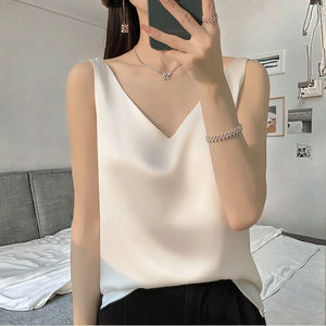 บูติก2025เสื้อกล้ามผ้าซาตินคอวีของผู้หญิงสำหรับฤดูร้อนเสื้อแฟชั่นใหม่พอดีตัวระบายอากาศผ้าใบสีทึบพิมพ์ลายปล่อยออกมาสบายๆ - Product Image 3