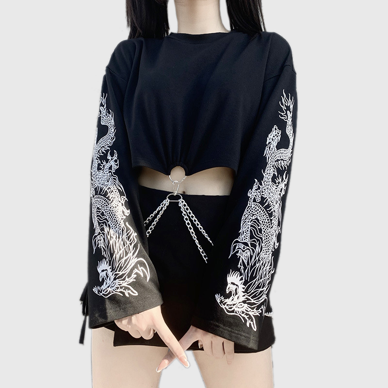 England style long sleeve cute print cropped sweatshirt female sweat top with chains