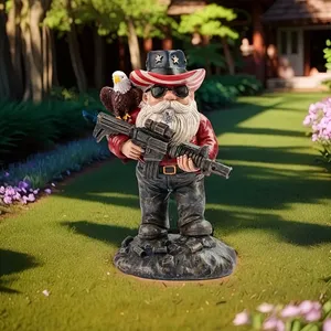 Statue de nain de jardin patriotique Oncle Sam Gun-Toting-Décoration extérieure/intérieure en résine avec chapeau et aigle du drapeau américain - Product Image 1