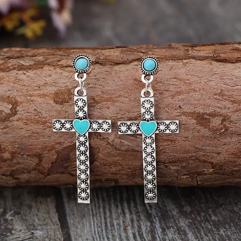 2024 Südwestlicher Navajo-Schmuck Großhandel Western Cross Acryl Stein-Ständer-Ohrringe für Damen Türkis Kreuz Reize Stab-Ohrringe