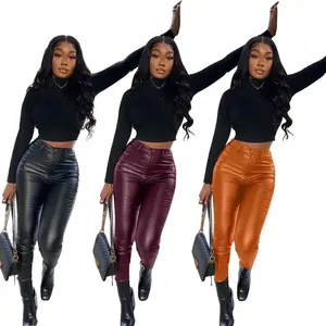 Elastic Shiny Women Clothing Winter High Waist Long Leggings Solid Pu Sexy Faux Leather Women's Black Slim Tight Pants Trousers