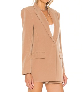Abrigos de Moda para <span class=keywords><strong>Mujer</strong></span> al por Mayor, <span class=keywords><strong>Blazer</strong></span> Casual de Negocios de Satén <span class=keywords><strong>Camel</strong></span> Oversize con Botonadura Sencilla para Oficina - Product Image 4