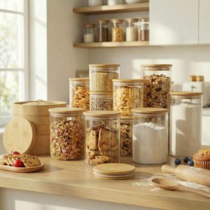 Juego de Frascos de Vidrio de Boca Ancha para Almacenamiento de Alimentos, 16 oz, Vidrio Borosilicato, Frascos para Especias, Café, Té, con Tapa Hermética de Bambú - Product Image 1
