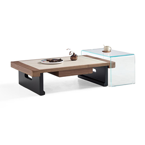 Moderner Couchtisch aus Walnussfurnier mit Mikrokristalliner Steinplatte, Doppelschubladen und passendem Glas-Beistelltisch - Product Image 1