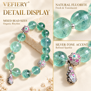 สร้อยข้อมือลูกปัดทรงกลมสีเขียวฟลูออไรต์พร้อมลูกปัดตกแต่งโทนสีเงิน - Product Image 3