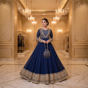 Elegant Blue Embroidered Anarkali Suit Women Traditional <b>Wedding</b> <b>Dress</b> Floor-Length Loose Fit Georgette India Pakistan Style - Product Image 1
