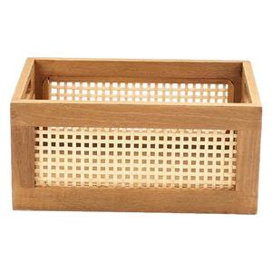 Panier de rangement en rotin et bois massif, rectangulaire, 30x20x14cm, organisateur de bureau, boîte de rangement pour cosmétiques et collations - Product Image 5