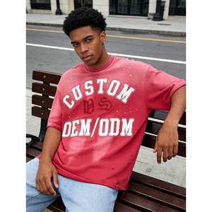 Camiseta de hombre de algodón 100% con apliques bordados, efecto desgastado, estampado personalizado OEM, corte oversize, hombros caídos, estilo streetwear. - Product Image 2