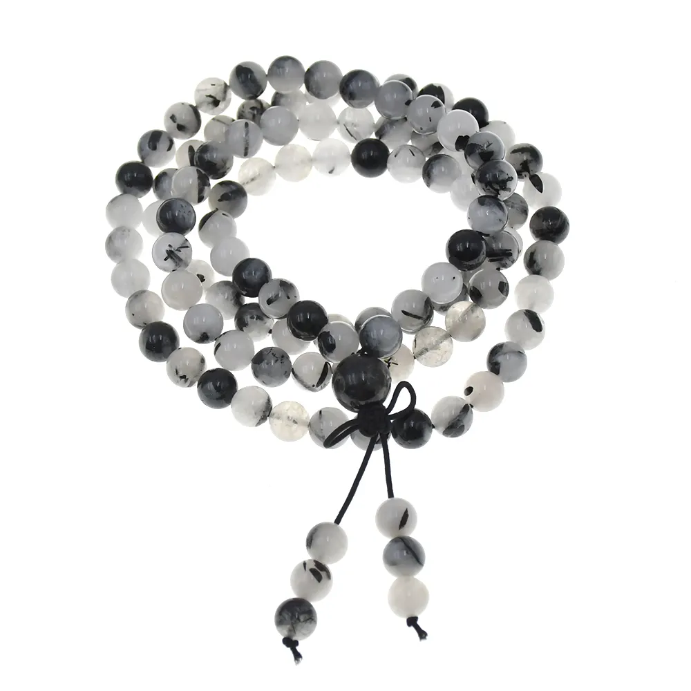 Handmade 8mm Natural Preto Quartzo Rutilado 108pcs Mala Beads Pedra Pulseira Colar Yoga Oração Mulheres Homens