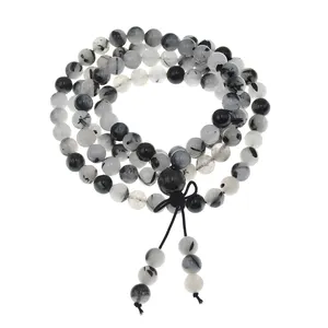 Buatan tangan 8mm kuarsa hitam alami rutil 108 buah manik-manik Mala gelang batu kalung doa Yoga Wanita Pria