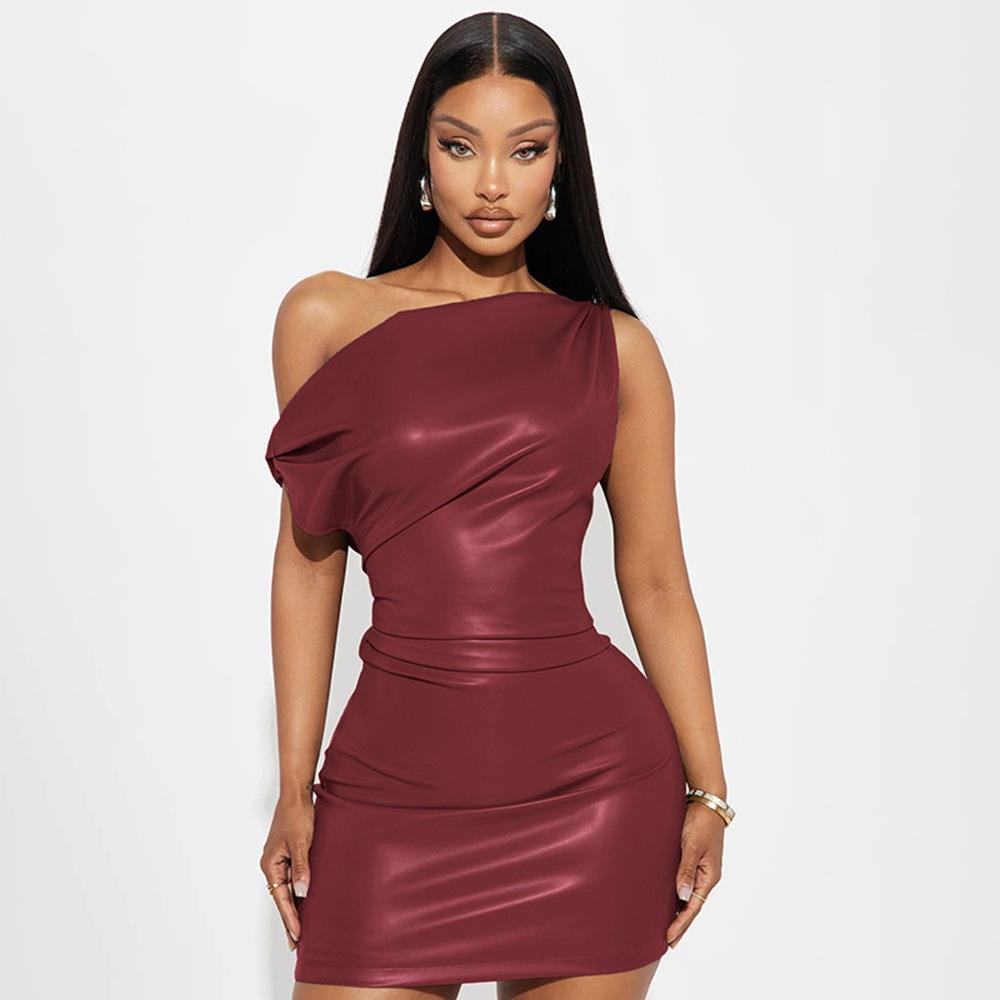Summer New Fashion Strapless PU Bodycon Pleated Sexy Mini Dress Party Club  Outfit for Women Casual Dress