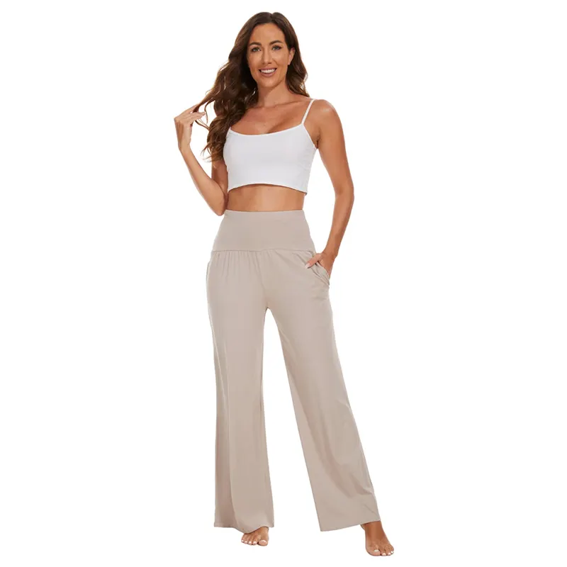 Pantalones de viscosa de bambú para mujer, pantalones de Yoga de pierna ancha, pijama, pantalones de chándal Palazzo, pantalón con bolsillos,