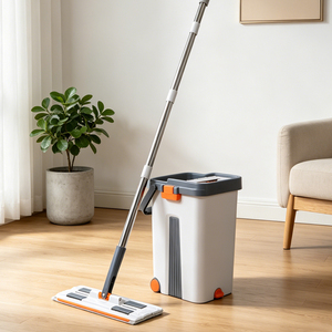 Ensemble serpillière plate et seau autonettoyant mains libres, rotatif à 360°, pour poils d'animaux, avec système de nettoyage humide et sec, en microfibre, et manche en acier inoxydable, extra large - Product Image 1