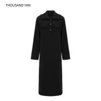 Robe longue droite minimaliste noire en mélange de laine haut de gamme pour femme