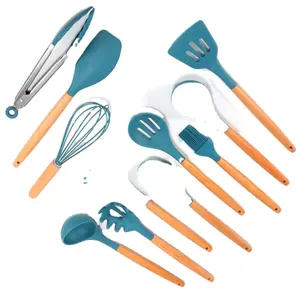 Top Sale Factory Price 12pcs Bamboo Handle kitchen accessories cooking tools Silicone Kitchen Utensil Set for cooking baking