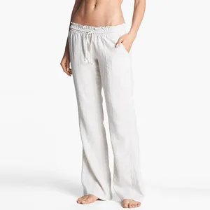 Pantalones de playa de mezcla de lino para mujer, pantalones blancos de viscosa con cordón