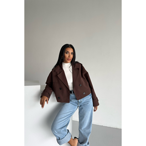 Gabardina Corta para Mujer, Color Café Amargo, Manga Larga, Corte Estructurado, Prenda Exterior Informal para Primavera y Otoño - Product Image 4