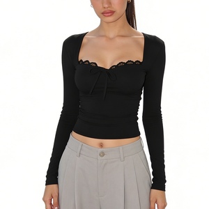 Haut court à manches longues pour femme avec dentelle - T-shirt ajusté à col en V et nœud sur le devant, tendance - Product Image 3