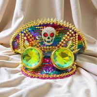 Chapeau Steampunk à Paillettes Arc-en-ciel et Strass avec Lunettes de Protection pour Femme, Vente en Gros, MOQ 3