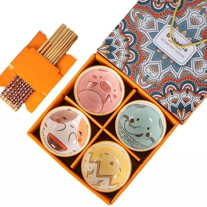 Sylwan conjunto de tigelas de porcelana, conjunto de tigelas de cerâmica com varas, tigela de animal bonito de luxo japonesa, 4 ou 6 peças