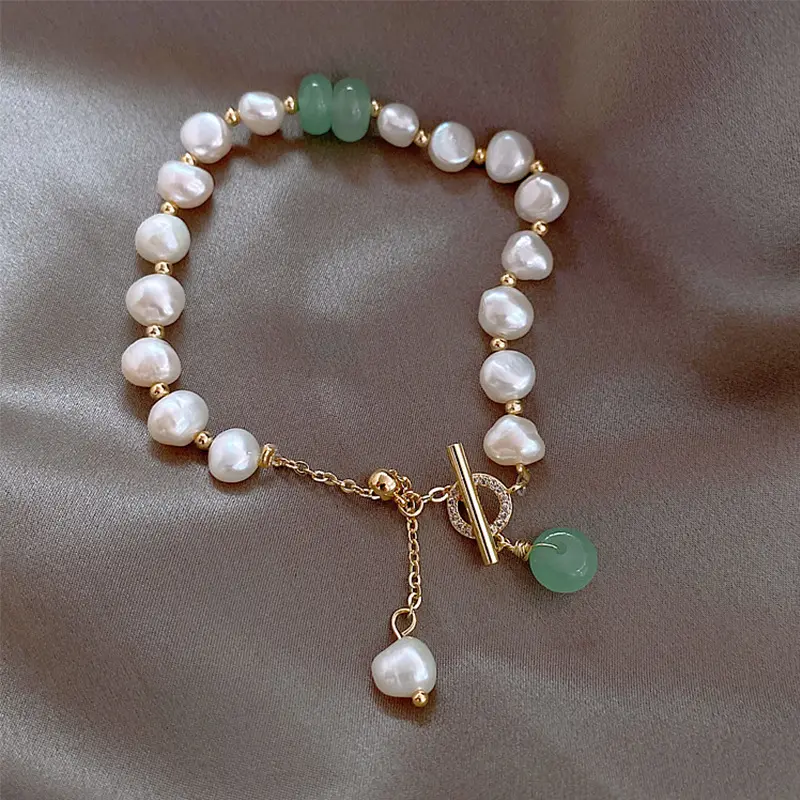 Women Bracelet Baroque Freshwater Pearl Jade Bead Design Toggle Closure Clasp Bracelet