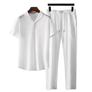 夏季男士休闲针织两件套短袖上衣+长裤纯色Polo领纽扣松紧腰 - Product Image 1