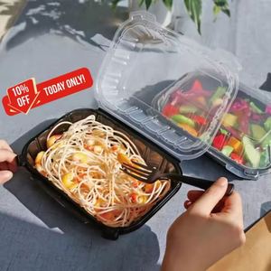 Boîte alimentaire en plastique Mfpp noire à 2 compartiments 9x9 pour préparation de repas, compatible micro-ondes, type clamshell, pour plats à emporter - Product Image 2