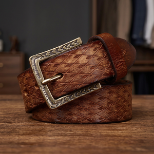 Ceinture formelle pour homme en cuir de vachette vintage, motif uni, boucle à ardillon en cuivre, durable, style western, imperméable, écologique - Product Image 3
