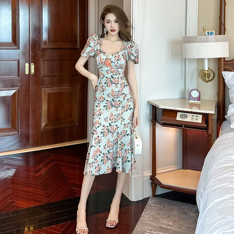 Zyht 10360 quần áo các nhà sản xuất mùa hè Chic Retro khí phồng tay áo Rose MIDI in phụ nữ ăn mặc sang trọng