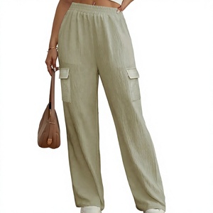 Pantalon cargo taille mi-haute pour femme, couleur unie, coupe ample, longueur intégrale, en coton, décontracté, avec poches, taille élastique, style sport - Product Image 3