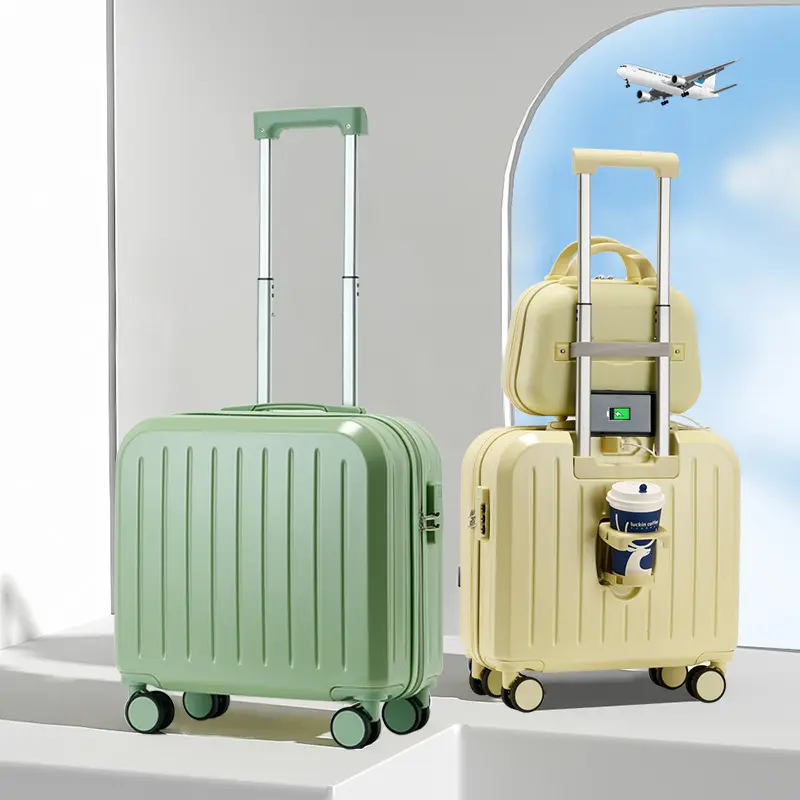 Новый дизайн, 18-дюймовая Сумка-чемодан с твердым корпусом, подстаканник для чемодана, USB-зарядка, дорожный Багаж, унисекс, с застежкой-молнией