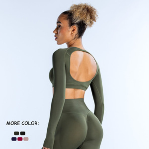 Conjuntos Deportivos para <span class=keywords><strong>Mujer</strong></span> de 2 Piezas, Ropa de Yoga de Manga Larga, Top Corto Acanalado sin Costuras, Leggings de Cintura Alta - Product Image 3