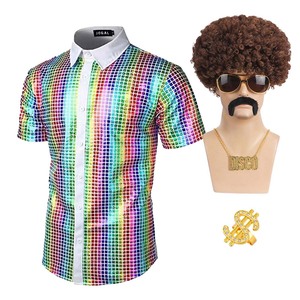Disfraz de Hombre Estilo Hippie Rocker de los 70 y 80, Camisa Retro Disco, Peluca Rizada, Collar Dorado, Gafas de Sol Funky, Anillo, 6 Piezas, YTHC-029 - Product Image 3