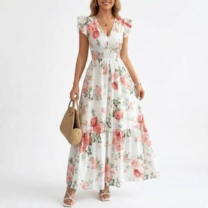 Vestido Maxi de <span class=keywords><strong>Verano</strong></span> para <span class=keywords><strong>Mujer</strong></span>, Estilo Vintage, Elegante, Transpirable, Estampado Floral, Corte en A, Sin Mangas, Cuello en V, con Volantes, Natural - Product Image 1