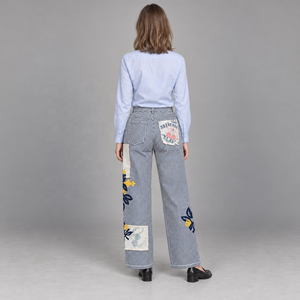 Jeans Anchos de Mujer con Parches, Bordado Floral Azul, Denim, Corte Holgado, Pantalones Casuales - Product Image 5