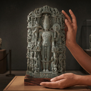 Sculpture du Seigneur Vishnu Chaturbhuj inspirée de l'art des temples indiens du XIIe siècle, réplique de musée de la divinité hindoue à quatre bras - Product Image 3